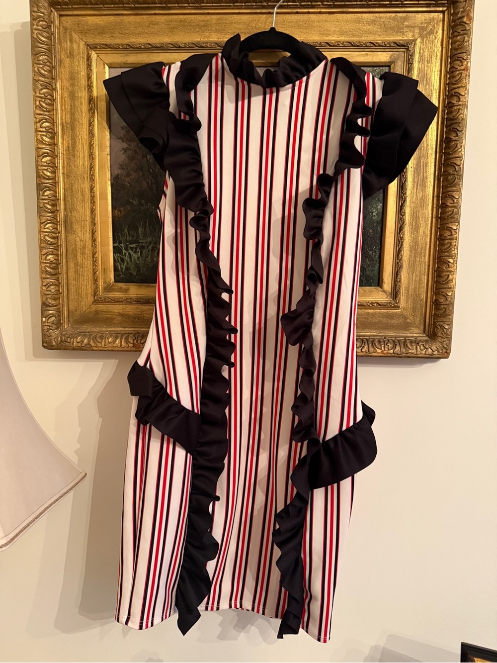 K Too Striped Ruffle Dress. Fitted. Black/Red/White. Large.
